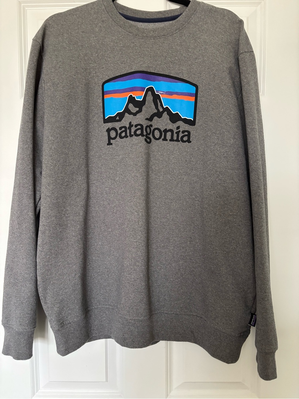 Patagonia Gray Crewneck Sweatshirt with Blue and Orange Mountain Logo